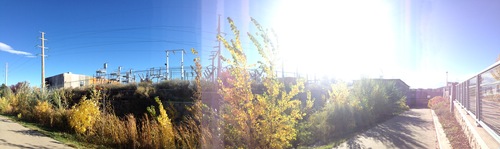sunflared panorama of a substation in Boulder